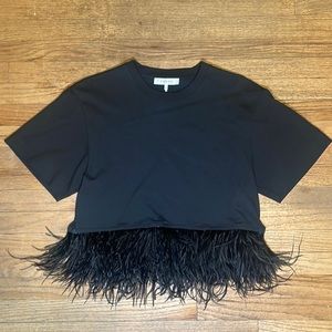 Frame Denim womens black cropped tee with real Ostrich feathers size small